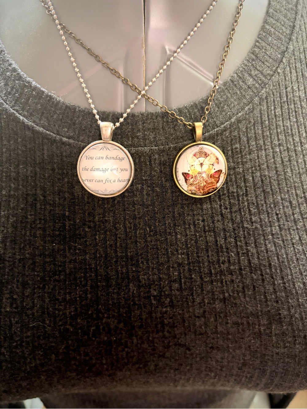 2 Antique Brass Pendant Necklaces- Women Jewelry